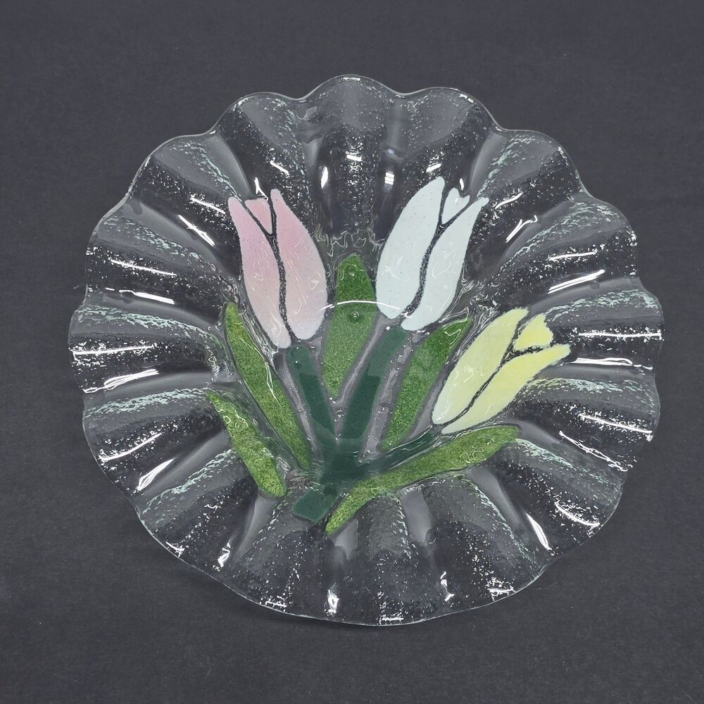 SYDENSTRICKER Fused Glass Tulips Ruffled Bowls Candy Dish